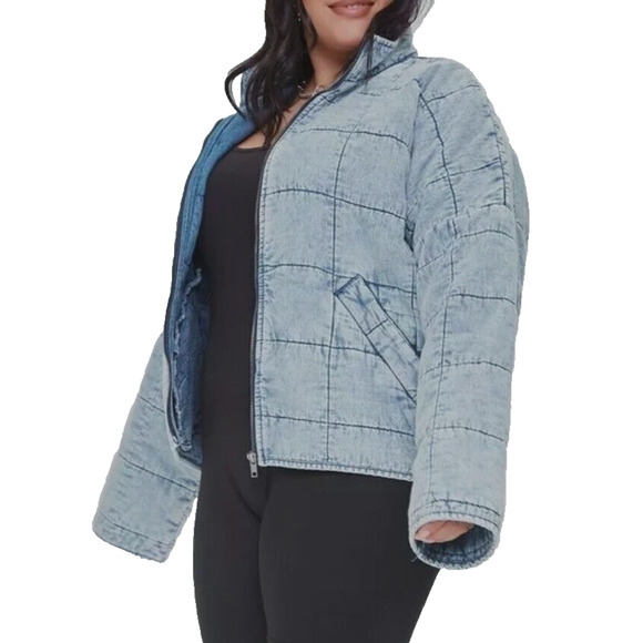 Forever 21 Quilted Denim Jacket 1X Women's Plus Acid Wash Blue Grunge FP - Picture 6 of 6
